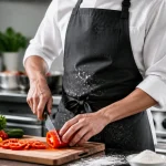 Đầu bếp mặc tạp dề đen chống bám bẩn trong khu bếp chuyên nghiệp