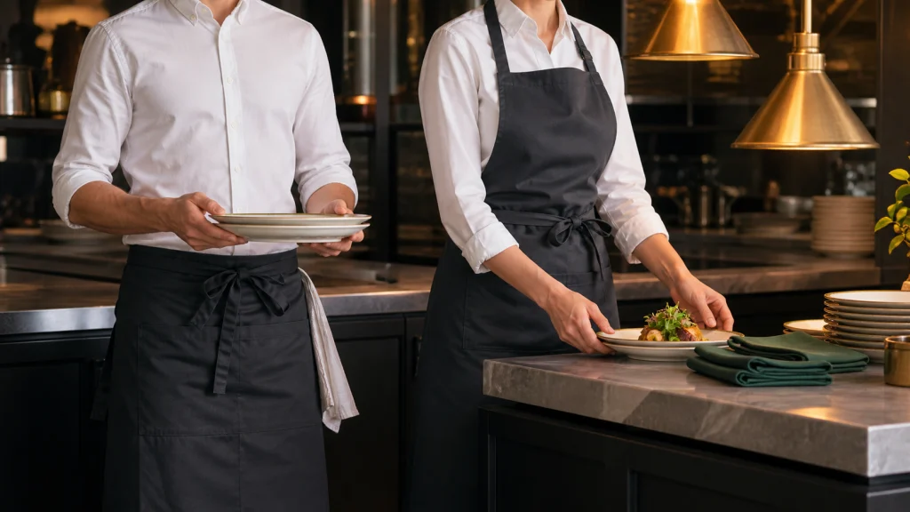 Nhân viên nhà hàng mặc tạp dề tối màu trong khu phục vụ món ăn