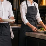Nhân viên nhà hàng mặc tạp dề tối màu trong khu phục vụ món ăn