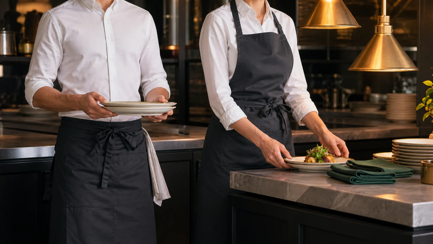 Nhân viên nhà hàng mặc tạp dề tối màu trong khu phục vụ món ăn