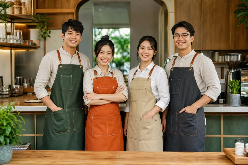 Đội ngũ nhà hàng và quán cafe mặc tạp dề Tapde.com đồng bộ